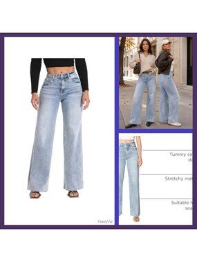 High Waisted Wide Leg Stretchy Jeans Tummy Control Raw Hem
